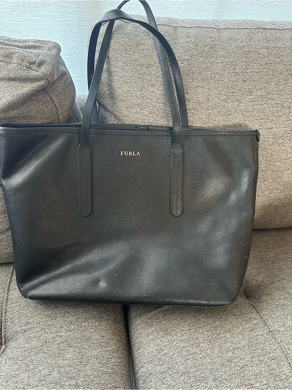 Furla Black Leather Shoulder Bag with Gold Logo Plate